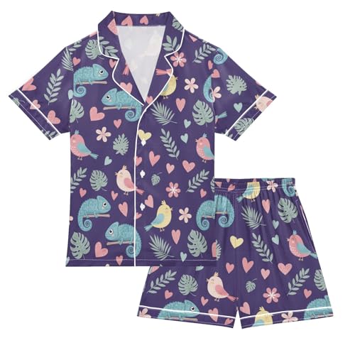 Satin Pajama Sets Short Sleeve Chameleon Bird Pattern Button Down Silky Nightwear 2 Piece PJS 5-14Y