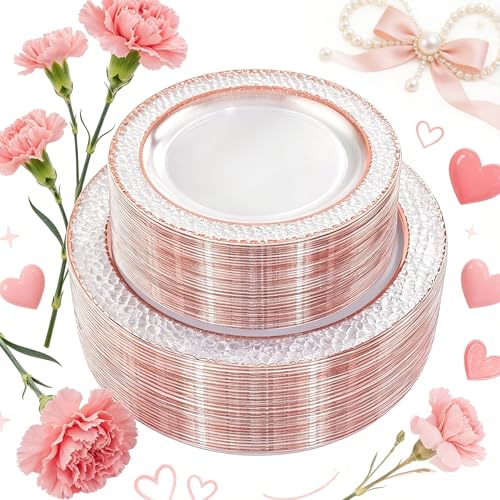 Joyido 102PCS Rose Gold Plastic Plates - Clear Rose Gold Disposable Plates - Elegant Hammered Plate Include 51PCS 7.5inch Dessert & 51PCS 10.25inch Dinner Plate for Wedding Party Mother’s Day