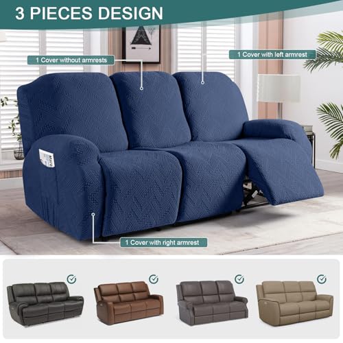 Image of Ruaozz Recliner Sofa Covers Recliner Chair Covers Couch Covers for Reclining Couches with Pockets Washable Furniture Protector with Elastic Bottom (3 Seater, Dark Blue)