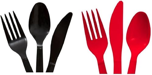 Juegos de cubiertos de plástico resistente rojo y negro - 16 cucharas, 16 tenedores, 16 cuchillos - 2 paquetes de 48 cada 96 piezas en total -