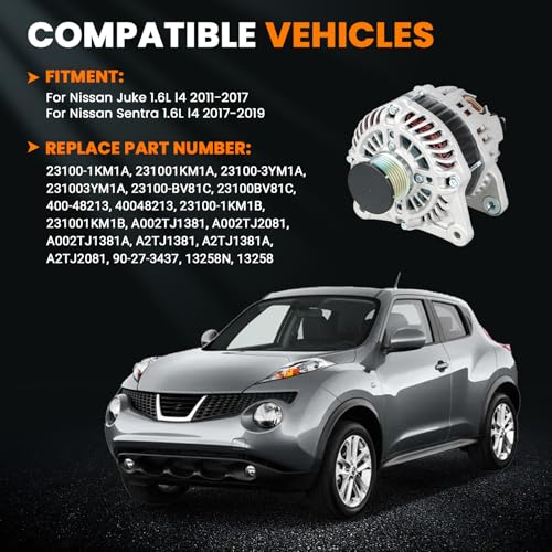Image of 13258 Alternator Compatible with Nissan Juke 2011-2017 1.6L, Sentra 2017-2019 1.6L, 12V 110Amp CW 6-Groove Pulley Replace 13258N, 23100-1KM1A, 23100-1KM1M, A2TJ1381, A2TJ2081