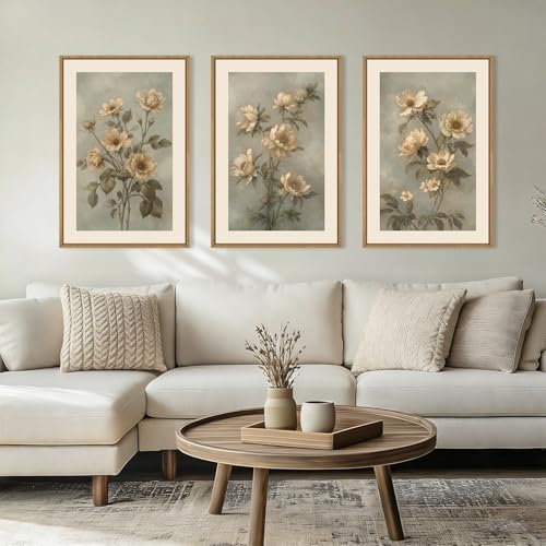 Image of KAIRNE Vintage Botanical Flower Framed Canvas Wall Art Set,Boho Green Beige Floral Wall Decor,Rustic Wildflower Art Prints,Modern Minimalist Artwork for Living Room,Bedroom,Farmhouse,Office-24 x36 x3