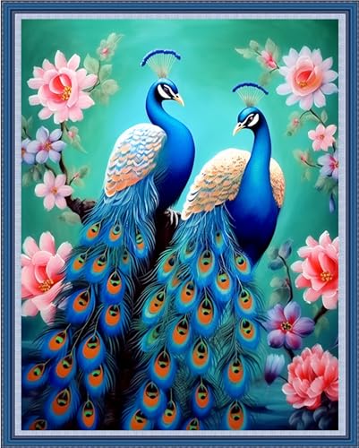 Image of DMCVIVR Stamped Cross Stitch Kits for Beginners Adults Needlepoint Kits for Beginners Embroidery Kits for Adults Crossstitch Kit for Beginners 11CT-Blue Peacock Couple 16x20 inchs
