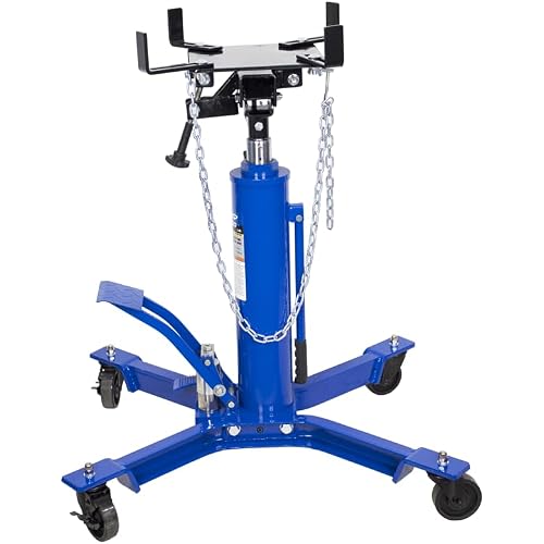 K Tool International XD63505 1,000 lbs. Two Stage Under Hoist Transmission Jack for Garages, Repair Shops and DIY, Height 37" to 76.4", Overload Valve, 2 Angle Adjustments, 4" Swivel Casters, Blue