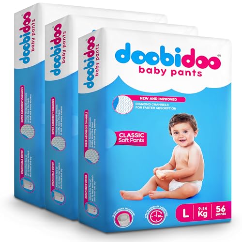 Image of Doobidoo Classic Baby Diaper Pants - L Size | High Absorbency with Cotton Bubble Soft Topsheet, Anti-Leak Side Cuffs & Rash-Free Comfort | Gentle Protection (9-14 kg) - Pack of 3 | 168 Count