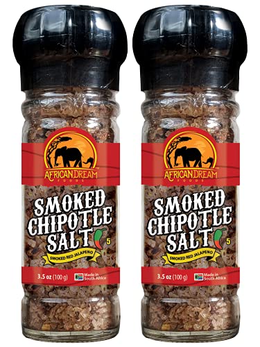 Smoked Chipotle Spicy Salt Seasoning by African Dream Foods | Spicy Chili Salt with Natural African Jalapeno Peppers, Sea Salt | Ideal for Meat, Chicken, Seafood | Reusable Grinder, 3.5 oz | 2-Pack