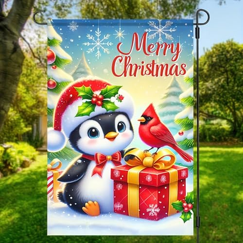 Image of BlissYard Christmas Garden Flag 12x18 Inch Penguins Yard Decor | Double sided polyester, penguins with scarves design, playful animal decor for Christmas porch and yard