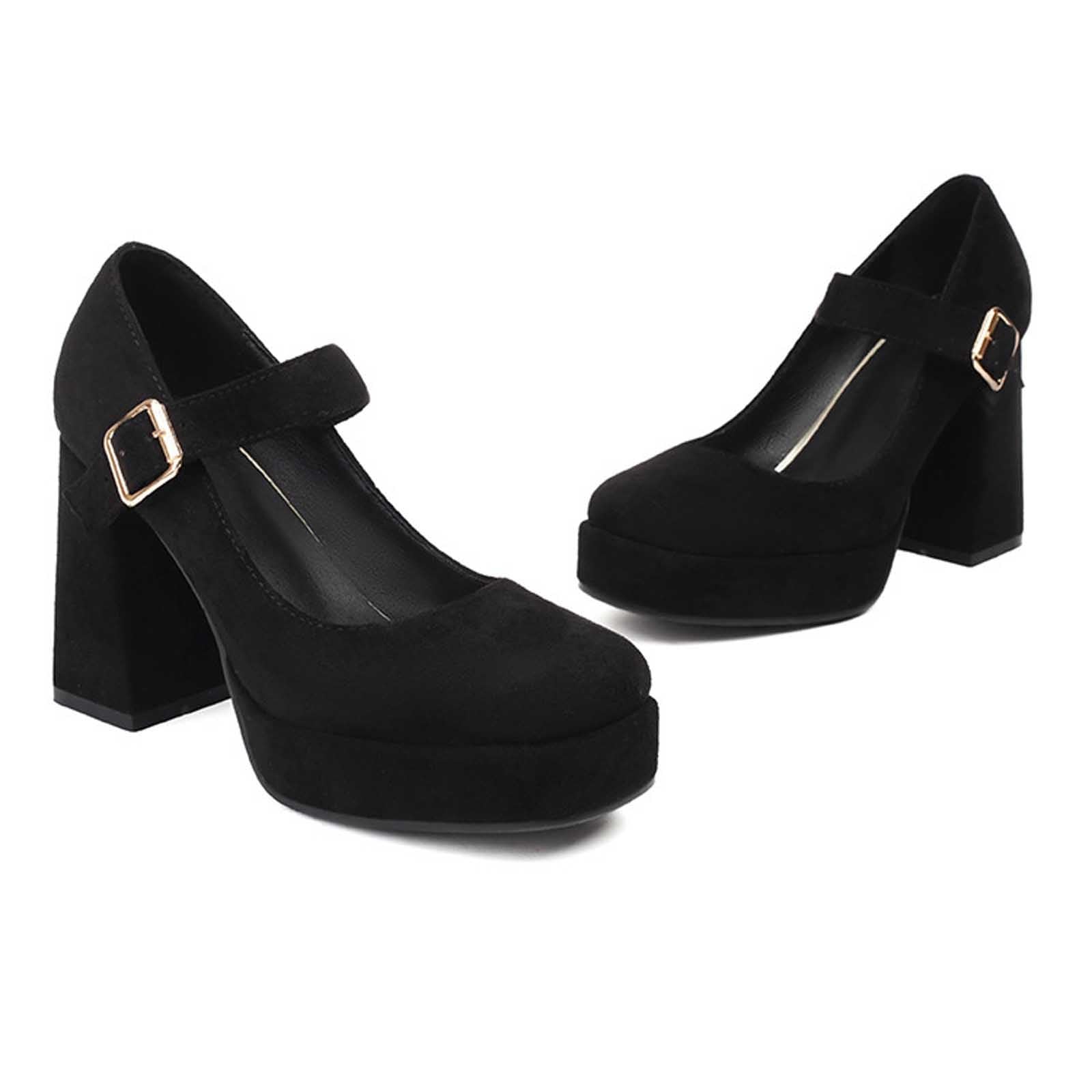 Scarpe eleganti da donna con tacco alto, suola spessa, punta quadrata, per feste eleganti, design classico con cinturino in metallo regolabile, versatile