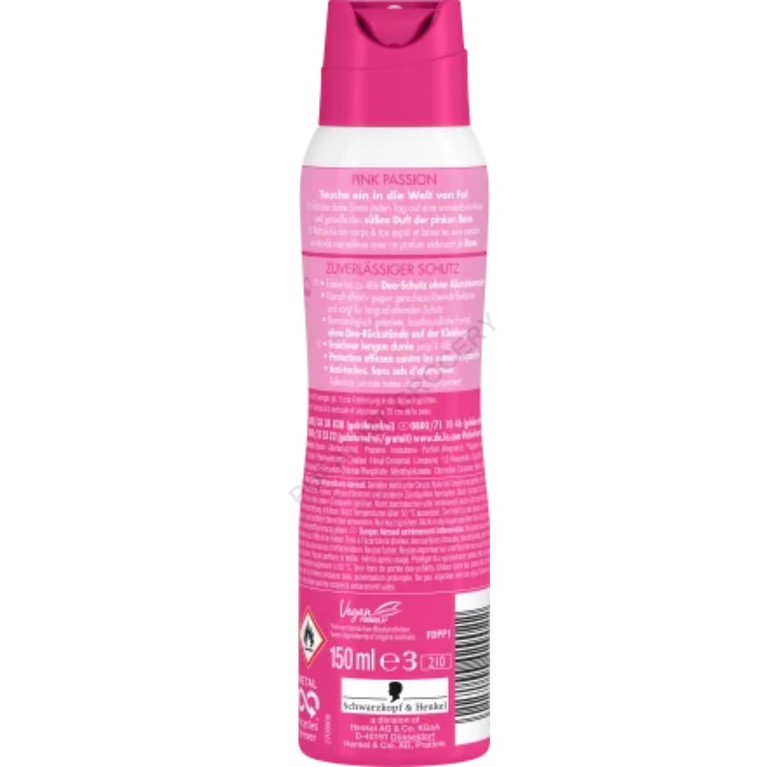 Deospray Pink Passion pinke Rose 48h Deo-Schutz ohne Aluminiumsalze 150 Mililiter x 10 STÜCK mit Pufai Grocery