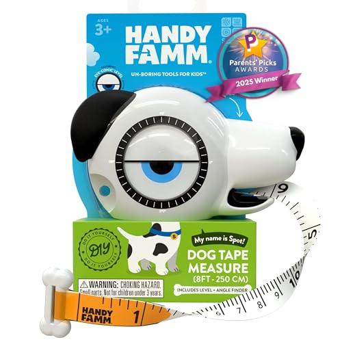 Handy Famm 8ft Interactive Dog Tape Measure for Kids with Level and Angle Finder, Montessori Educational Toys, Animal Shaped Childrens Tool Set with Bone, Pocket Tape Measurer for Kids 3 and Up, Spot