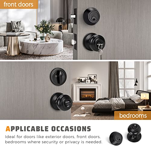 KNOBWELL 3 Pack Keyed Alike Entry Door Knobs and Single Cylinder Deadbolt Lock Combo Set Security for Exterior and Front Door, Keyed Entry Door Locksets with Deadbolt, Matte Black Finish - Image 3