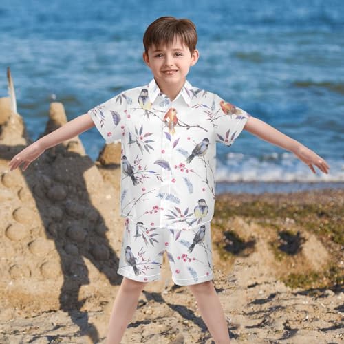 Image of Hawaiian Shirt for Boys Winter Bird Leaves Button Down Shirt Short Sleeve Kids Shorts Sets Summer Outfits Size 5-6t