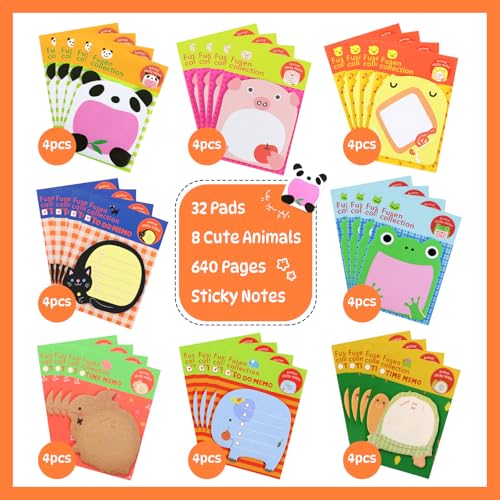 Qufiiry 32 Packungen Cartoon-Haftnotizen, 640 Blatt Tier-Haftnotizen, niedliche Kinder-Nachrichtennotizen, Partytütenfüller für Kinder, 20 Blatt pro Block für Studenten Zuhause