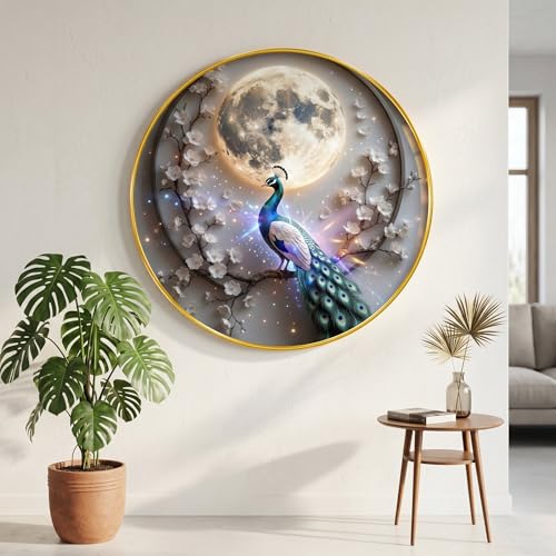 Image of SAF Peacock Moon Wall Painting with Golden PVC Frame Round Night Scene Bird Artwork Decorative Wall Decor for Living Room Bedroom Home Office Elegant Gift Item (23 x 23 Inch) GR-370