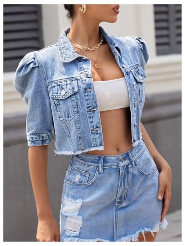 WDIRARA Women's Button Down Puff Sleeve Crop Denim Jacket Short Sleeve Raw Hem Jean Coat2
