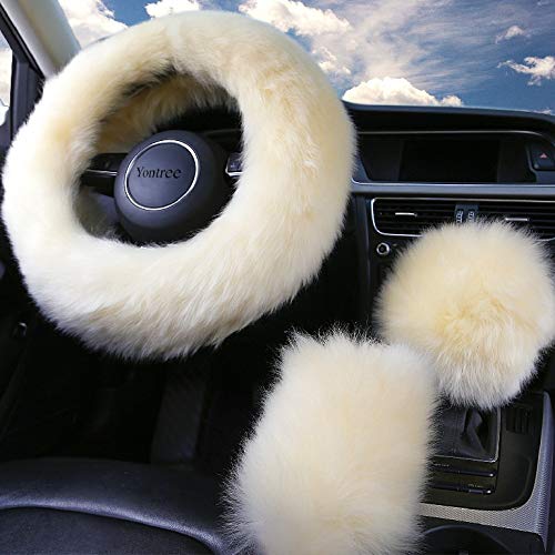 Yontree Winter Warm Faux Wool Handbrake Cover Gear Shift Cover Steering Wheel Cover 14.96"x 14.96" 1 Set 3 Pcs (Yellow) - Thumbnail 2