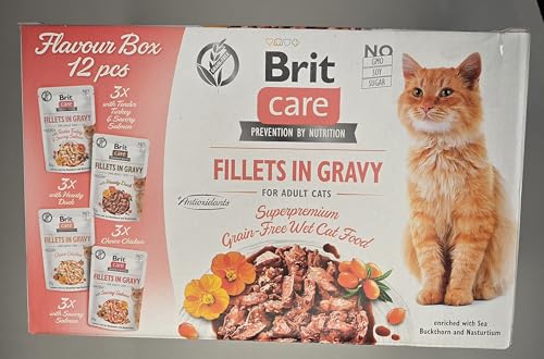 Brit Care Premium Fillets in Gravy Katzenfutter, 12 Stück, Nassfutter mit Truthahn, Ente, Lachs und Huhn, Getreidefreie Mahlzeiten für Erwachsene Katzen