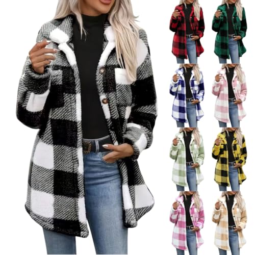 Sherpa Jacket Women Fuzzy Fleece Plaid Button Down Flannel Shacket | Thick Warm Winter Coats, Soft Casual Plaid Fuzzy Fleece Jacket, Long Sleeve Mid Length Fluffy Sherpa Outerwear - image 1