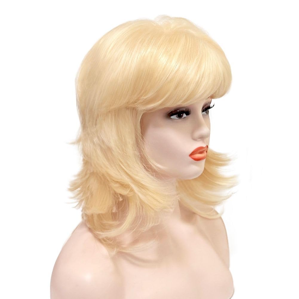 Women Blonde Layered Wig Shoulder Length Shaggy Curly Wig With Bangs Natural Synthetic Hair Wig for Halloween Costume Party Use (Blonde)