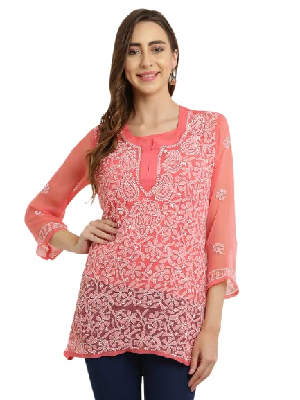 Image of FAWOMENT Women's Pure Georgette Handcrafted Lucknowi Chikankari Embroidery Short Kurti for Office Wear College Party Daily Casual