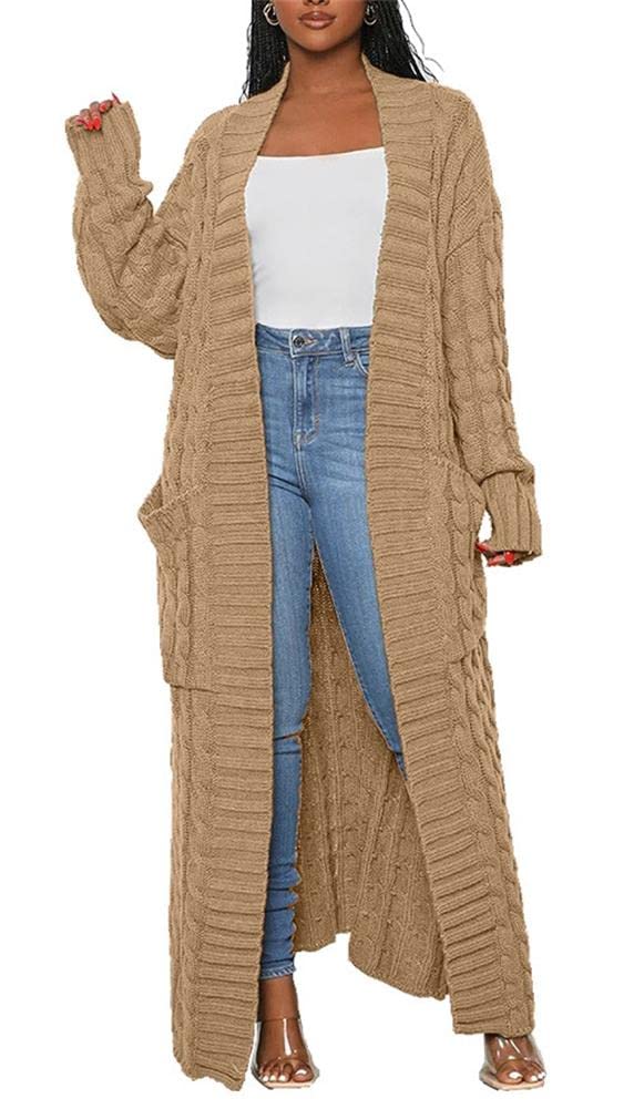 Długie swetry damskie kardigan z długim rękawem otwarty przód plus size splot kablowy z kieszeniami płaszcz zimowy khaki, S, khaki, S