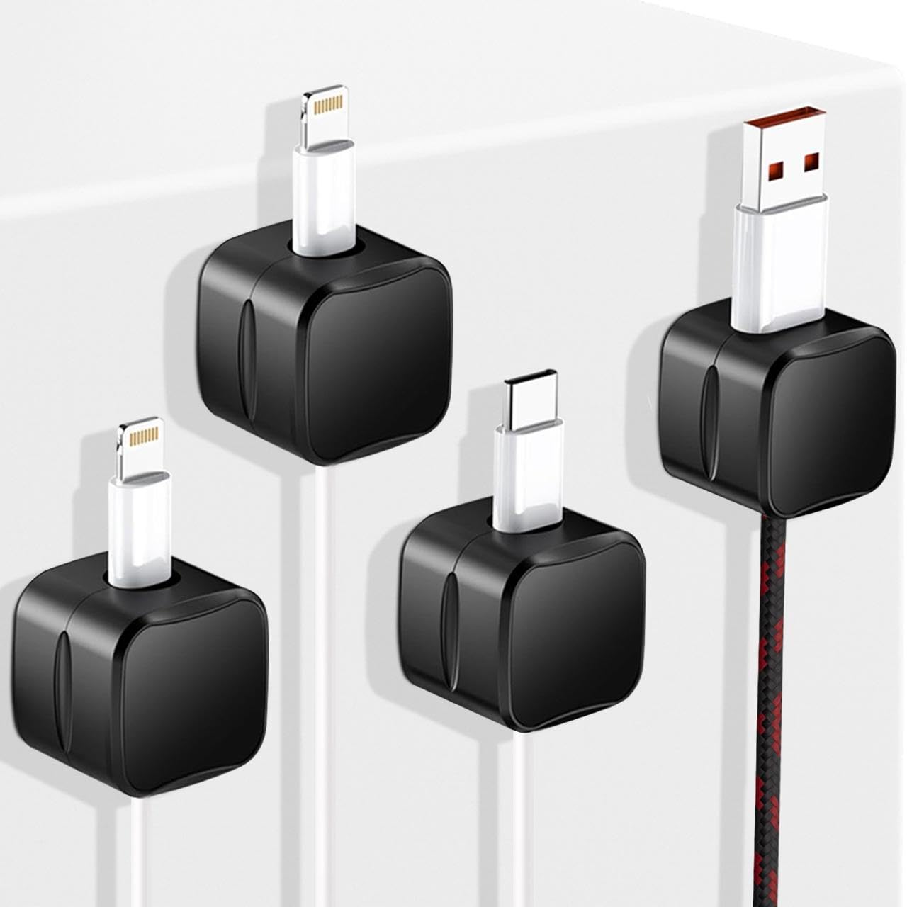 GadgetBite Magnetic Cable Organizer Clips – Self-Adhesive Wire Management Solution for Home and Office,Car,Desk, Management Solution for Data Cable, Power Cords and More (Pack of 4)-Black