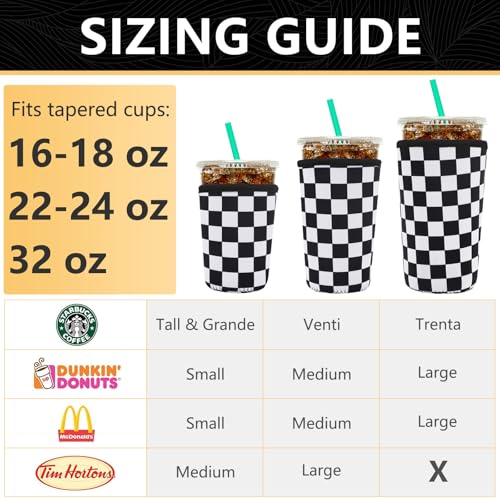 Image of YR Reusable Neoprene Insulator Sleeve for Iced Coffee Cups, 3 Pack Coffee Coolies sleeves for Iced & Hot Drinks, Cold Beverage Cooler Compatible with Starbucks Coffee and More (Checkerboard Pattern)