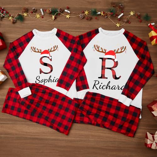 Personalized Monogrammed Christmas Pajamas for Couple Custom Initial Letter Family Christmas Shirt Plaid Pants Set3
