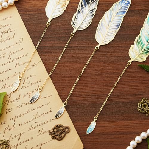 Image of 4Pcs Vintage Metal Feather Bookmarks with Gradient Color Pendant, Retro Book Page Markers for Reading Lovers, Unique Gift for Students & Readers