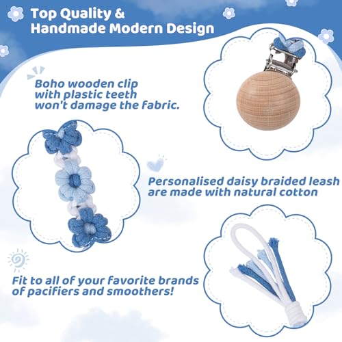 Image of Pacifier Clip for Boys Girls Floral Daisy Macrame Baby Paci Clip Pacifier Holder Leash Boho Wooden Clips Handmade Braided Cotton Binky Clips (2pack:Blue Daisy x 2)