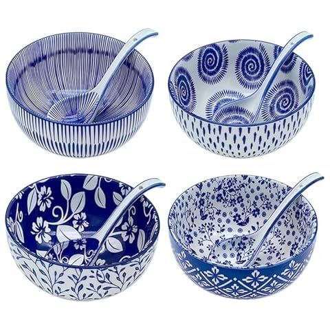 KeQiu Japanese Style 6 Inch Ceramic Bowls Set of 4 with Spoons, 24 Oz Cereal Bowls Perfect for Soup, Cereal, Oatmeal, Fruit, Rice, Dishwasher & Microwave Safe, Series B Cover