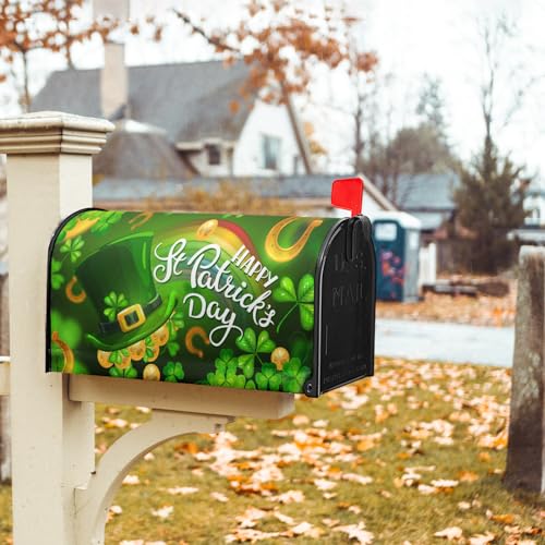 Image of Happy St. Patrick's Day Shamrock Clovers Rainbow Green Hat Mailbox Cover - Magnetic, Standard Size 18 inch X 21 inch