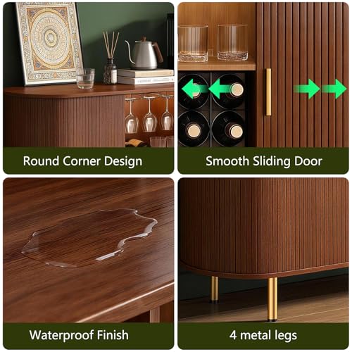 Image of DHH 55 inch Wine Bar Cabinet with Storage, Fluted Liquor & Coffee Bar Cabinet with Wine Rack and Glass Holder, Buffet Sideboard with LED Lights for Home Kitchen Living Dining Room(Walnut)