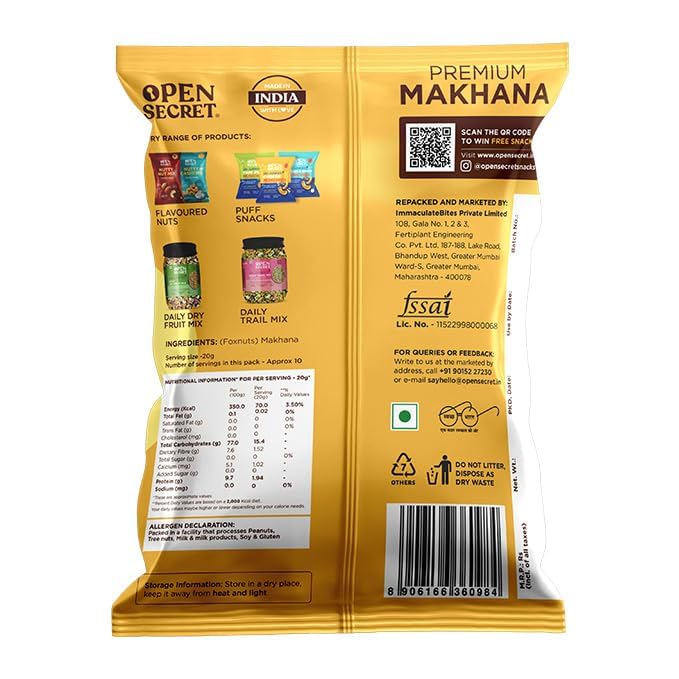 Image of Open Secret Makhana | 200g | Phool Makhana, Foxnuts, Lotus Seeds for Eating, Premium Raw Plain Phool Makhana, Snacks Rich in Protein, Fiber and Minerals, Plain Flavoured (Pack of 1)