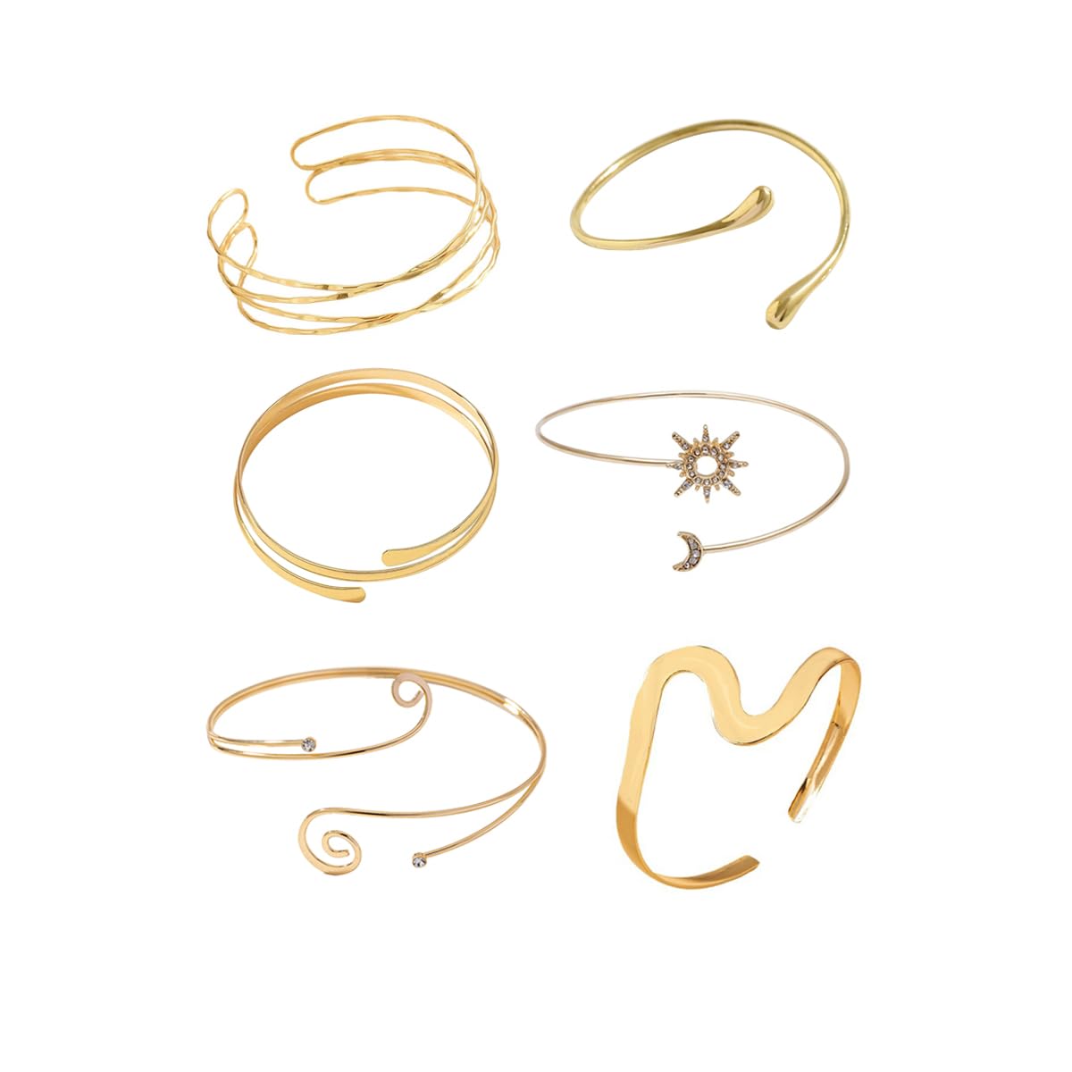ItsStarred Minimalist Arm Cuff Gold Plated, Upper Arm Cuff Bangle Bracelet for Women, Adjustable Armband Set 6 Pieces