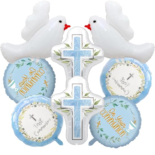 Palloncini Prima Comunione, 8 Pezzi Palloncino Battesimo, XXL Comunione Palloncini Decorazioni, Battesimo Colomba Palloncino e palloncino Croce, Blu palloncini per comunione Kit Per Bambino,Bambina