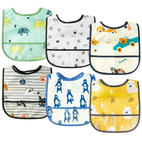 Image of 2ooya 6Pcs Waterproof Toddler Bibs Baby Feeding Bib Set with Crumb Catcher Pocket, Infant Adjustable Baby Teething Bib, Babies Sleeveless Vehicles Food Bibs Keepsake Gift for Baby Shower, 6-24 Months