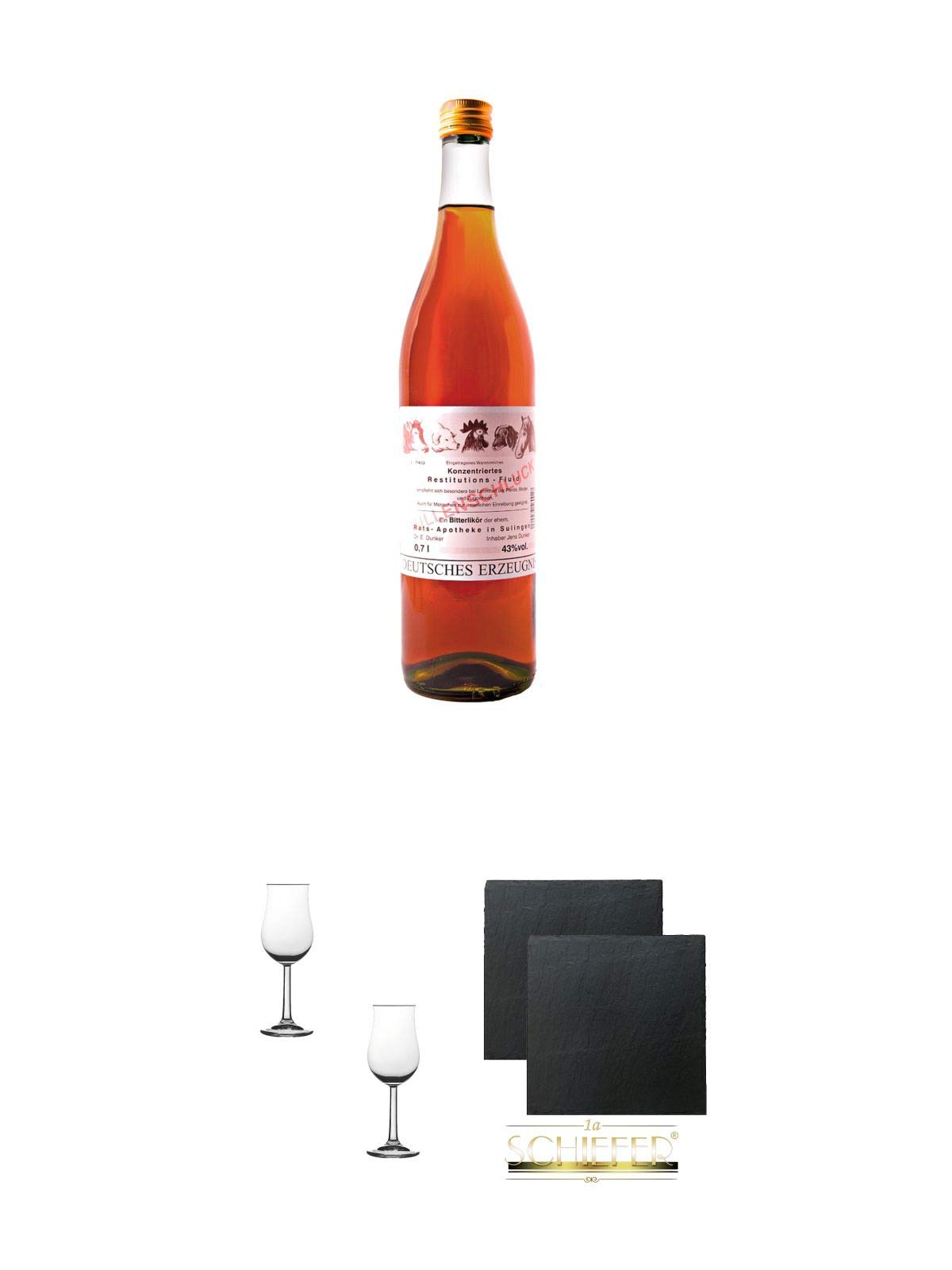 Bullenschluck aus Niedersachsen 0,7 Liter + Nosing Gläser Kelchglas Bugatti mit Eichstrich 2cl und 4cl - 2 Stück + Schiefer Glasuntersetzer eckig ca. 9,5 cm Ø 2 Stück