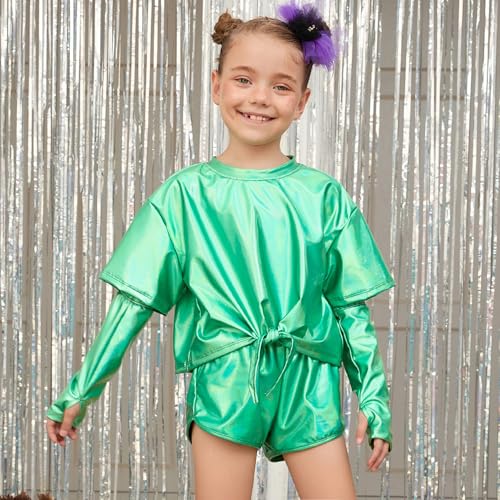 Image of Perfashion Girls Metallic Shirts Shiny Tie Front Knot Crop Top with Arm Sleeves for Dancing Raves Festivals 4-15 Years