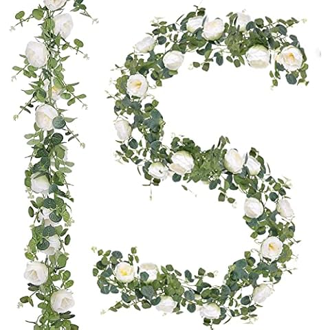JUSTOYOU 2 Pack 7.2FT Artificial Eucalyptus Garland with Flower, 12 Head Peony Flowers Vines, Rose Garland Greenery Decoration for Wedding Arch, Wall Backdrop, Wedding Table, Party Cover