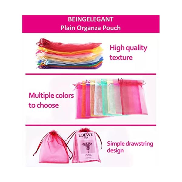 Beingelegant - Pack of 200 - Plain Organza Drawstring Gift Bags for Jewelry, Coin, Dry Fruit, Make Up Items for Janmashtmi, Navratri and Christmas Party (Size : 13X18) (Mix Color) - Image 5