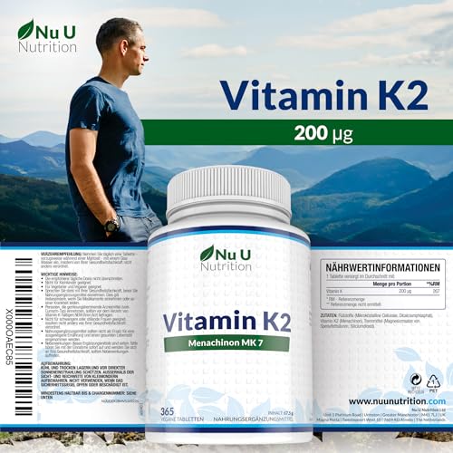Vitamin K2 MK7 200µg - 365 Vegane Tabletten nicht Kapseln - 12 Monate Vorrat - 200mcg pro Tablette - Vit K2 MK-7 Menaquinon Hochdosiert - Nu U Nutrition