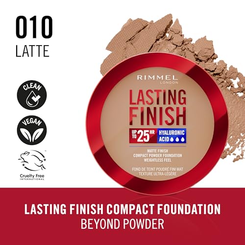 Rimmel Lasting Finish 25 HR Compact Foundation 010 Latte, Matte Buildable Coverage, Powder-to-Cream, Anti-Pollution Shields - Image 2