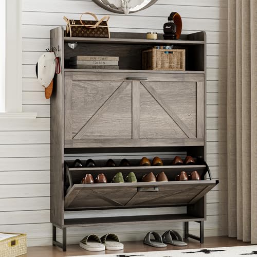 Image of BORNOON Shoe Cabinet with 2 Flip Drawers Narrow Shoe Storage Organizer Wooden Freestanding Rack Hidden Slim Shoes Storage Cabinet for Entryway, Hallway, Living Room, Bedroom (Grey)