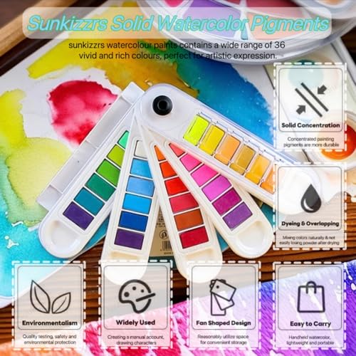 Image of Sunkizzrs Foldable Solid (36-Color) Watercolor Paint Set | Rotatable Fan Solid Watercolor Pigment Set | Portable Gouache Painting | Outdoor Sketching Palette Art Paint with Refillable Water Brush Pen (36)