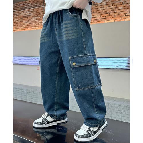 Boy's Cargo Jeans Elastic Waisted Baggy Denim Pants Kids Straight Leg Pull On Jeans with Pockets 6-14 Years3