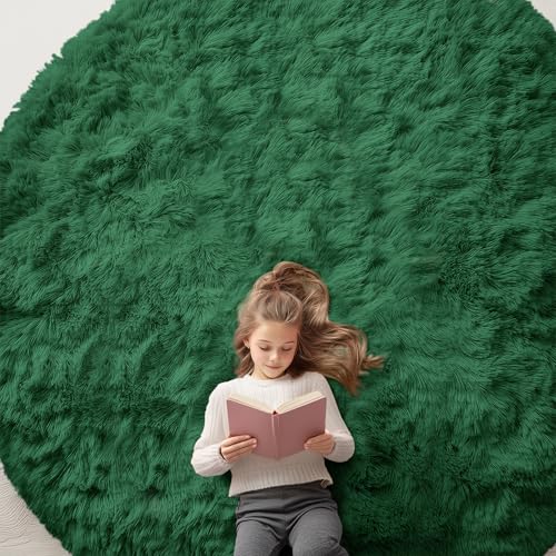 OLANLY Dark Green Round Rugs for Bedroom - Machine Washable, 9 ft Circle Area Rugs for Living Room, Soft and Fluffy Shaggy Carpet for Teen Girls and Boys, Nursery Rooms, Dorms, Home Decor Aesthetic