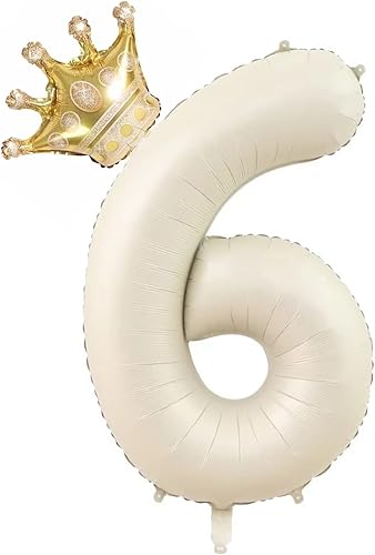 Juego de globos de corona de 40 pulgadas color blanco crema número 6 globos de número 6 decoración de fiesta de cumpleaños número 6 Número 6