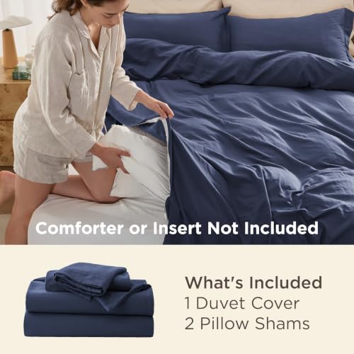 Image of Bedsure Prewashed Duvet Cover Full, Cotton-Like Soft Bedding Set, Navy | Ultra Soft, Relaxed Texture, 80 inchx90 inch Breathable Comfort, Hidden Zipper, 8 Corner Ties, Easy Care, OEKO-TEX, Year-Round Use