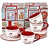 Set of 4 Tea Cups and Saucers with Merry Christmas - China Tea Set for Christmas Party - Espresso Demitasse Cups with Saucers 3 Ounce